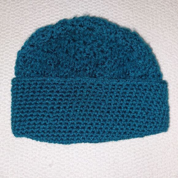 Teal Knit Beanie Hat Winter Cap Handmade Crocheted Warm Headwear One Size - Picture 5 of 10